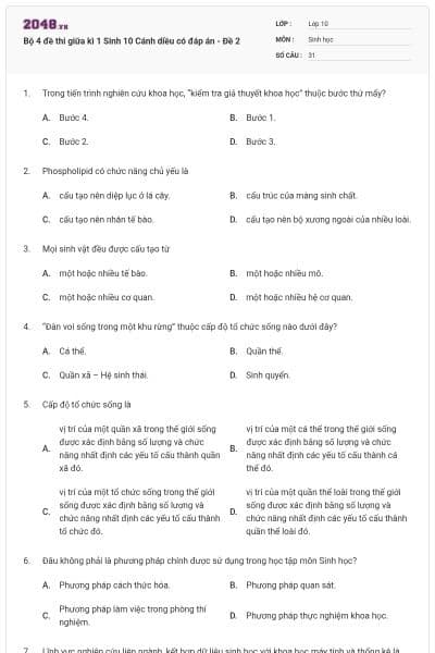 Bộ 4 đề thi giữa kì 1 Sinh 10 Cánh diều có đáp án - Đề 2