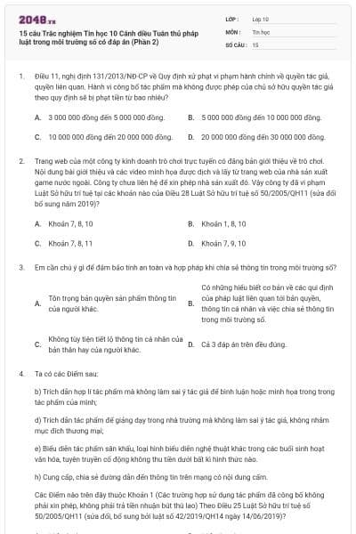 15 câu Trắc nghiệm Tin học 10 Cánh diều Tuân thủ pháp luật trong môi trường số có đáp án (Phần 2)