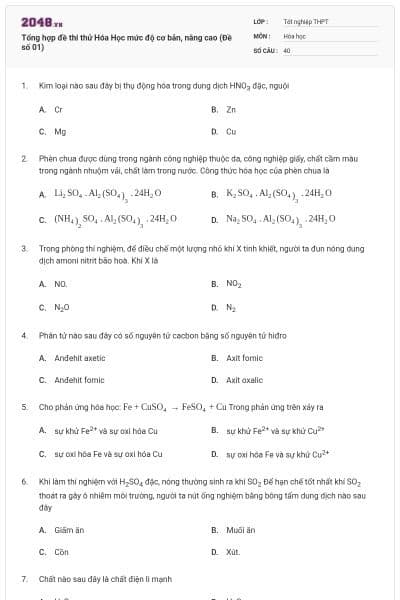 Tổng hợp đề thi thử Hóa Học mức độ cơ bản, nâng cao (Đề số 01)