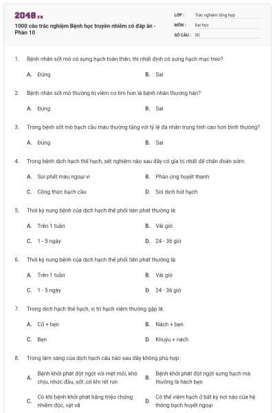 1000 câu trắc nghiệm Bệnh học truyền nhiễm có đáp án - Phần 10