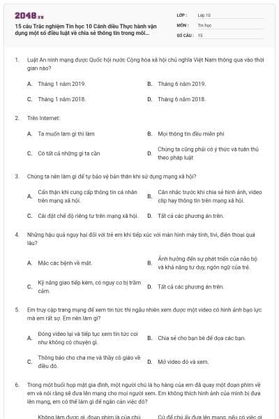 15 câu Trắc nghiệm Tin học 10 Cánh diều Thực hành vận dụng một số điều luật về chia sẻ thông tin trong môi trường số có đáp án