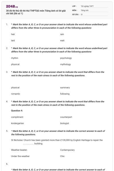 30 đề thi thử đề thi thử THPTQG môn Tiếng Anh có lời giải chi tiết (Đề số 1)