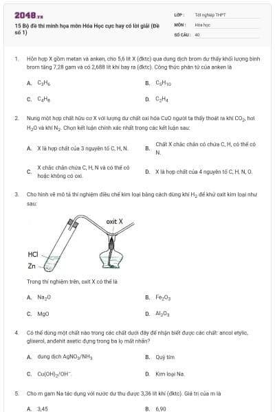 15 Bộ đề thi minh họa môn Hóa Học cực hay có lời giải (Đề số 1)