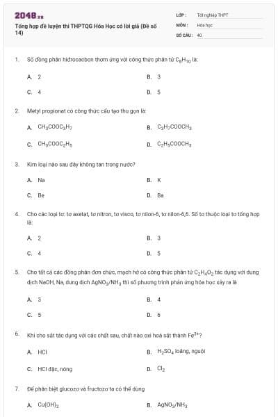 Tổng hợp đề luyện thi THPTQG Hóa Học có lời giả (Đề số 14)