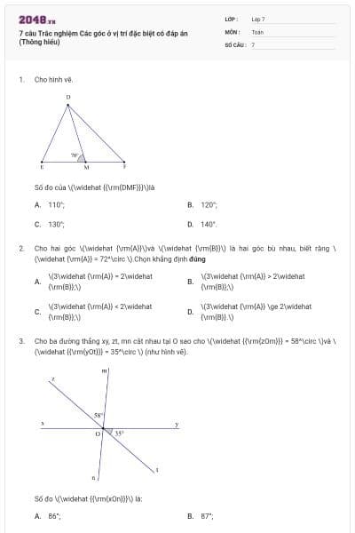 7 câu Trắc nghiệm Các góc ở vị trí đặc biệt có đáp án (Thông hiểu)