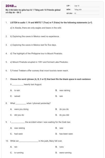 Bộ 2 Đề kiểm tra giữa học kì 1 Tiếng anh 10 Friends global có đáp án - Đề 2