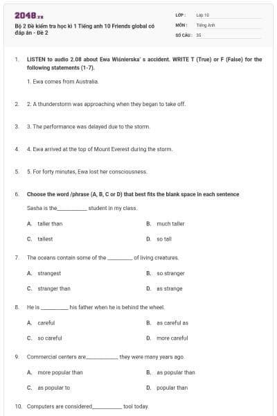 Bộ 2 Đề kiểm tra học kì 1 Tiếng anh 10 Friends global có đáp án - Đề 2