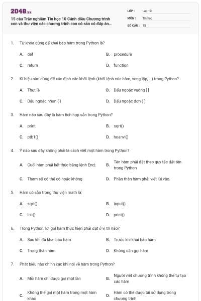 15 câu Trắc nghiệm Tin học 10 Cánh diều Chương trình con và thư viện các chương trình con có sẵn có đáp án (Phần 2)