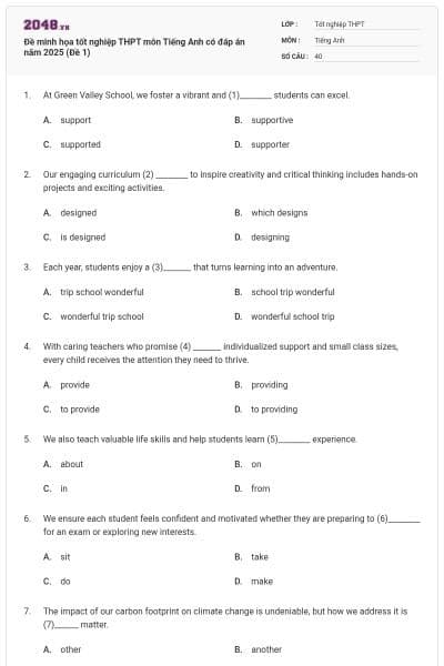 Đề minh họa tốt nghiệp THPT môn Tiếng Anh có đáp án năm 2025 (Đề 1)