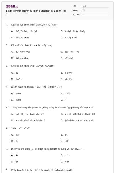 Bộ đề kiểm tra chuyên đề Toán 8 Chương 1 có đáp án - Đề 3