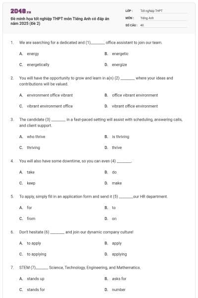 Đề minh họa tốt nghiệp THPT môn Tiếng Anh có đáp án năm 2025 (Đề 2)