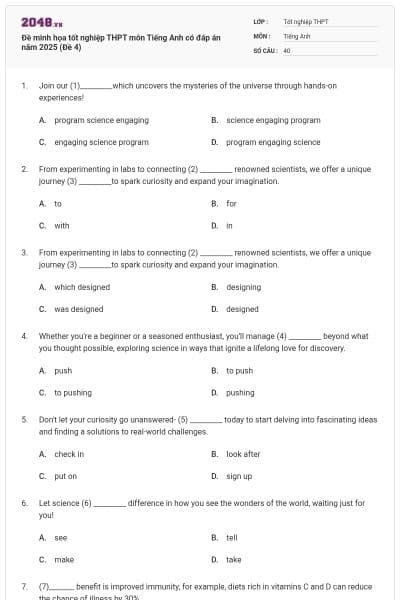Đề minh họa tốt nghiệp THPT môn Tiếng Anh có đáp án năm 2025 (Đề 4)