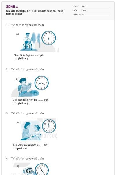 Giải VBT Toán lớp 3 KNTT Bài 66: Xem đồng hồ. Tháng - Năm có đáp án