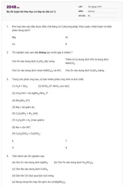 Bộ đề luyện thi Hóa Học có đáp án (Đề số 1)