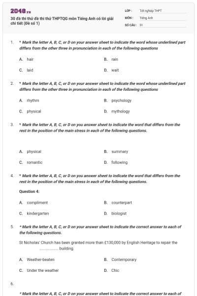 30 đề thi thử đề thi thử THPTQG môn Tiếng Anh có lời giải chi tiết (Đề số 1)