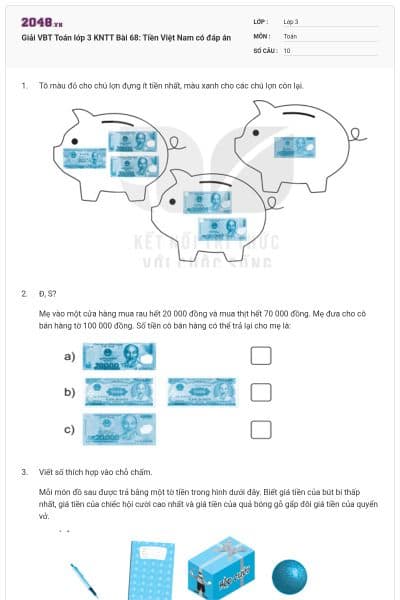 Giải VBT Toán lớp 3 KNTT Bài 68: Tiền Việt Nam có đáp án