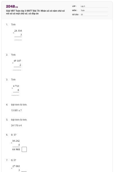 Giải VBT Toán lớp 3 KNTT Bài 70: Nhân số có năm chữ số với số có một chữ số. có đáp án