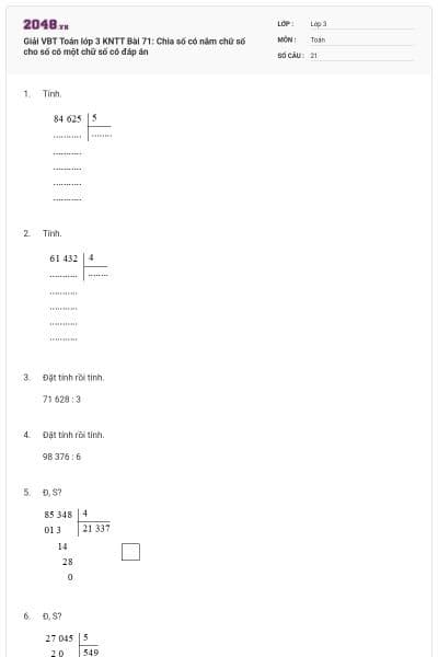 Giải VBT Toán lớp 3 KNTT Bài 71: Chia số có năm chữ số cho số có một chữ số có đáp án