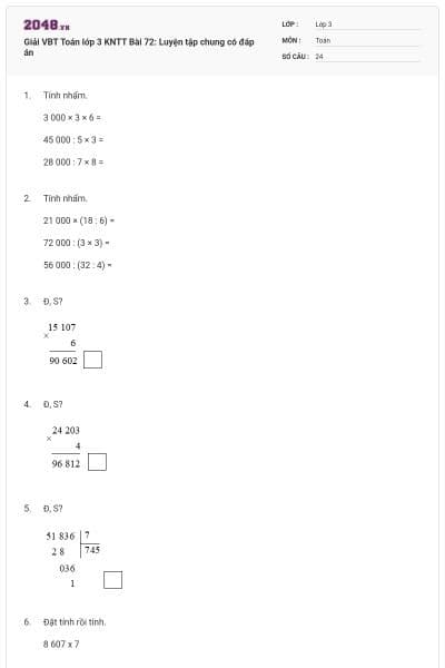 Giải VBT Toán lớp 3 KNTT Bài 72: Luyện tập chung có đáp án