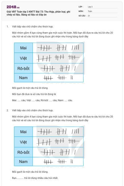 Giải VBT Toán lớp 3 KNTT Bài 73: Thu thập, phân loại, ghi chép số liệu. Bảng số liệu có đáp án