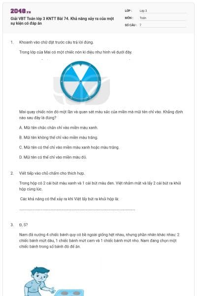 Giải VBT Toán lớp 3 KNTT Bài 74. Khả năng xảy ra của một sự kiện có đáp án