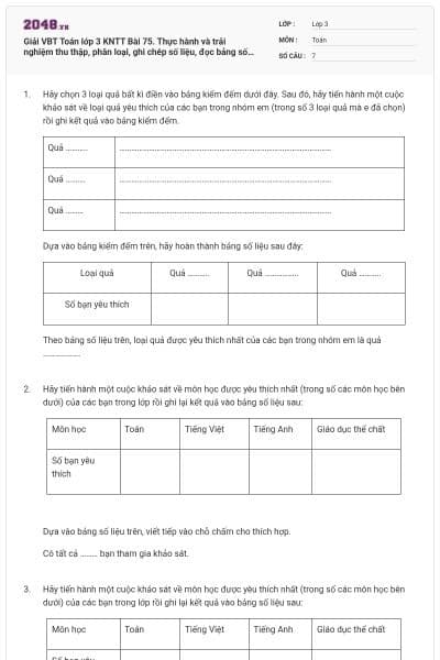 Giải VBT Toán lớp 3 KNTT Bài 75. Thực hành và trải nghiệm thu thập, phân loại, ghi chép số liệu, đọc bảng số liệu. có đáp án