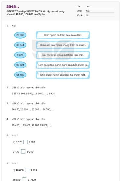 Giải VBT Toán lớp 3 KNTT Bài 76: Ôn tập các số trong phạm vi 10 000, 100 000 có đáp án