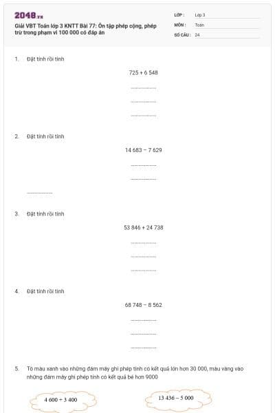 Giải VBT Toán lớp 3 KNTT Bài 77: Ôn tập phép cộng, phép trừ trong phạm vi 100 000 có đáp án