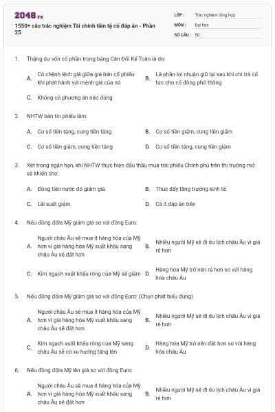 1550+ câu trắc nghiệm Tài chính tiền tệ có đáp án - Phần 25