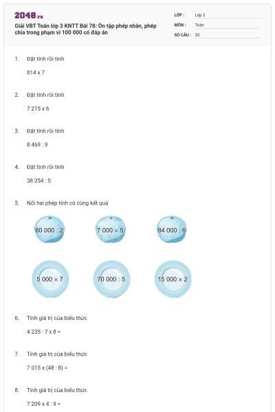 Giải VBT Toán lớp 3 KNTT Bài 78: Ôn tập phép nhân, phép chia trong phạm vi 100 000 có đáp án