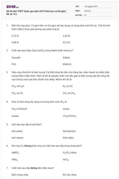 Đề thi thử THPT Quốc gia năm 2019 Hóa học có lời giải ( đề số 16 )