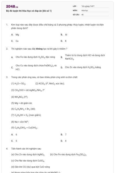 Bộ đề luyện thi Hóa Học có đáp án (Đề số 1)