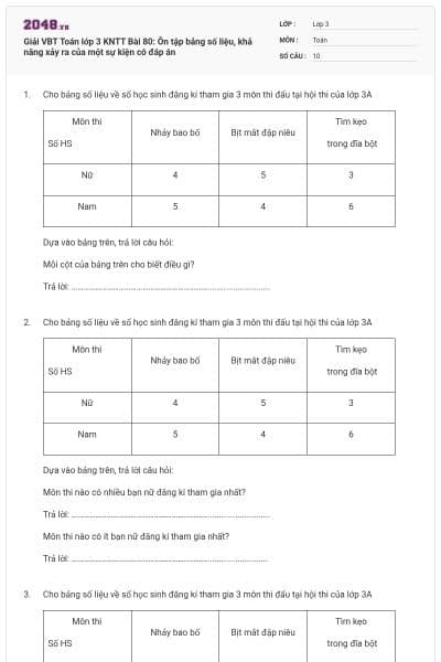 Giải VBT Toán lớp 3 KNTT Bài 80: Ôn tập bảng số liệu, khả năng xảy ra của một sự kiện có đáp án