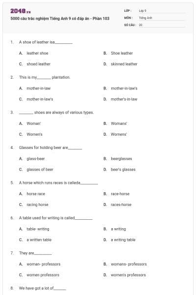 5000 câu trắc nghiệm Tiếng Anh 9 có đáp án - Phần 103