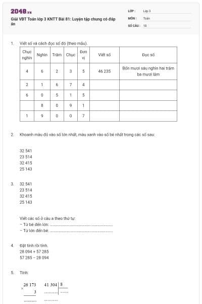 Giải VBT Toán lớp 3 KNTT Bài 81: Luyện tập chung có đáp án