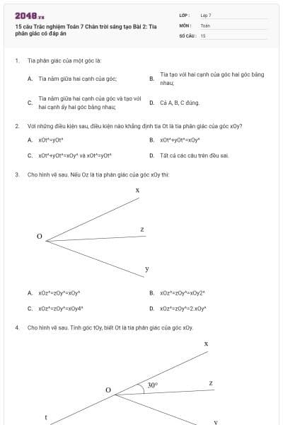 15 câu Trắc nghiệm Toán 7 Chân trời sáng tạo Bài 2: Tia phân giác có đáp án