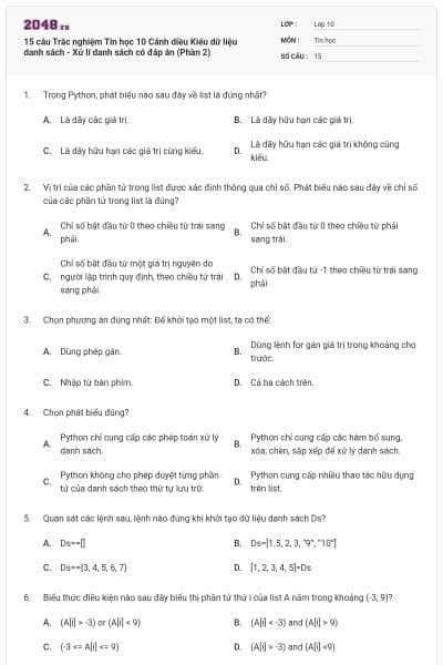 15 câu Trắc nghiệm Tin học 10 Cánh diều Kiểu dữ liệu danh sách - Xử lí danh sách có đáp án (Phần 2)