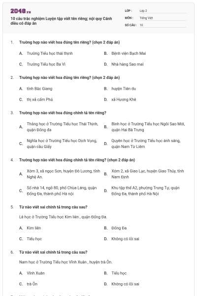 10 câu trắc nghiệm Luyện tập viết tên riêng; nội quy Cánh diều có đáp án