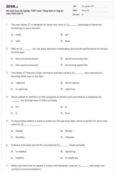 Đề minh họa tốt nghiệp THPT môn Tiếng Anh có đáp án năm 2025 (Đề 7)