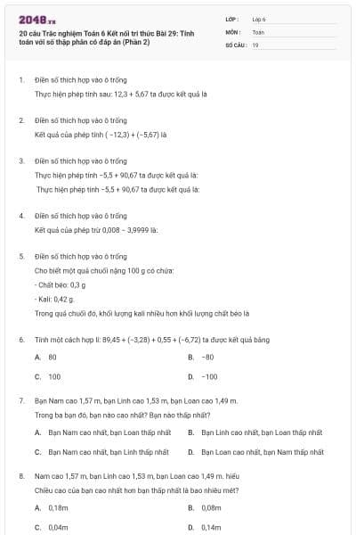 20 câu Trắc nghiệm Toán 6 Kết nối tri thức Bài 29: Tính toán với số thập phân có đáp án (Phần 2)