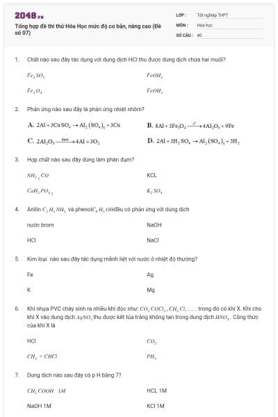 Tổng hợp đề thi thử Hóa Học mức độ cơ bản, nâng cao (Đề số 07)