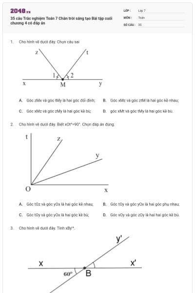 35 câu Trắc nghiệm Toán 7 Chân trời sáng tạo Bài tập cuối chương 4 có đáp án