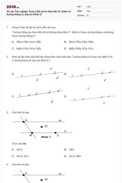 40 câu Trắc nghiệm Toán 6 Kết nối tri thức Bài 32: Điểm và đường thẳng có đáp án (Phần 2)