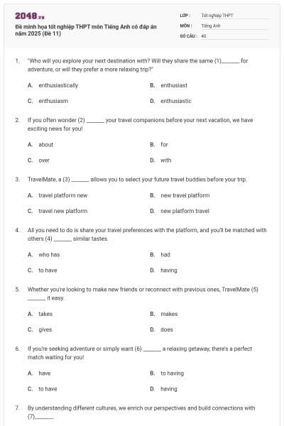 Đề minh họa tốt nghiệp THPT môn Tiếng Anh có đáp án năm 2025 (Đề 11)