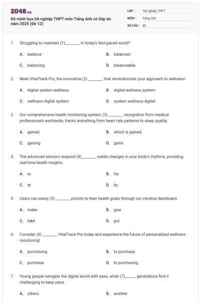 Đề minh họa tốt nghiệp THPT môn Tiếng Anh có đáp án năm 2025 (Đề 12)