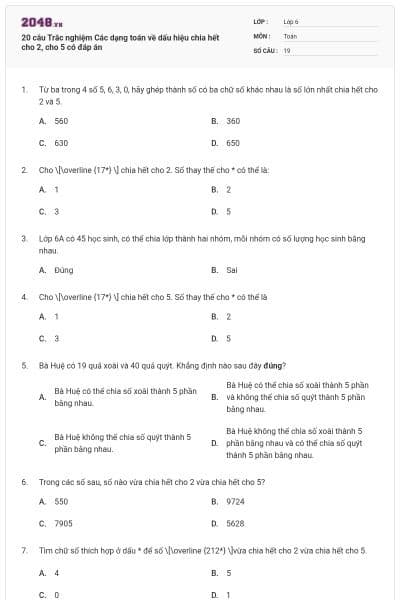 20 câu Trắc nghiệm Các dạng toán về dấu hiệu chia hết cho 2, cho 5 có đáp án