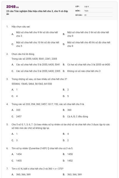 23 câu Trắc nghiệm Dấu hiệu chia hết cho 3, cho 9 có đáp án