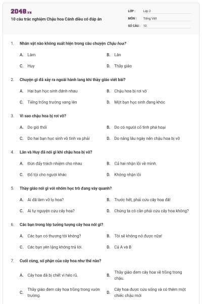 10 câu trắc nghiệm Chậu hoa Cánh diều có đáp án