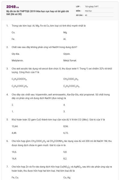 Bộ đề ôn thi THPTQG 2019 Hóa học cực hay có lời giải chi tiết (Đề số 30)
