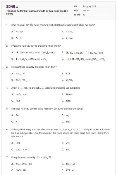 Tổng hợp đề thi thử Hóa Học mức độ cơ bản, nâng cao (Đề số 07)